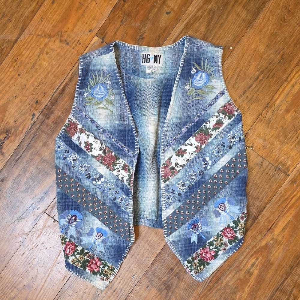 HGNY Blue Patchwork Vest Floral Patterns Cottage Core, GrannyCore Vintage Smal